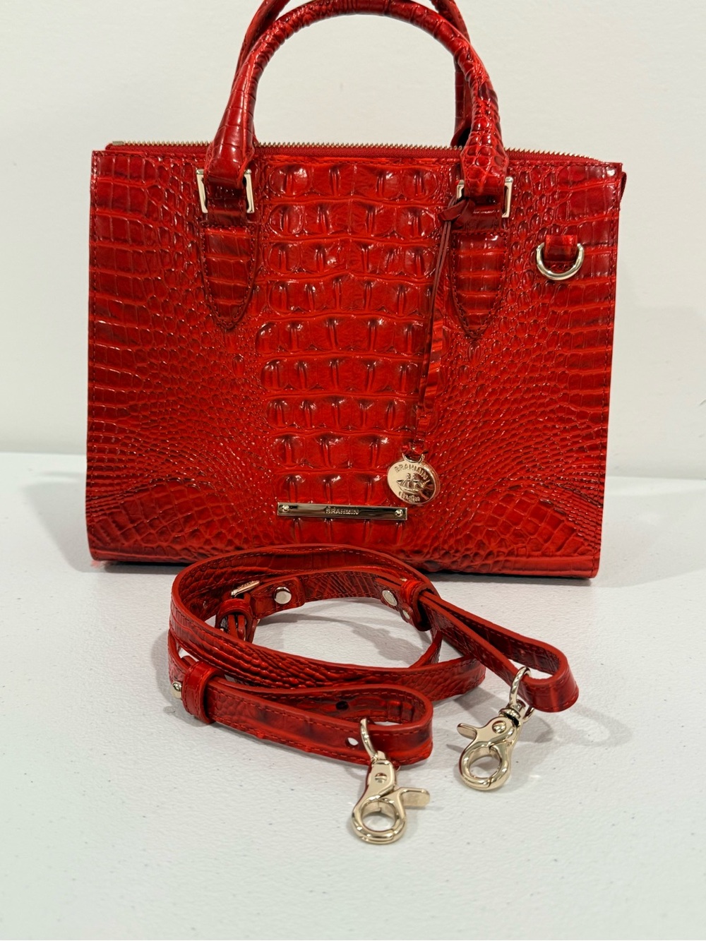Brahmin Red Croc-Embossed Women's Satchel Bag with Detachable Strap